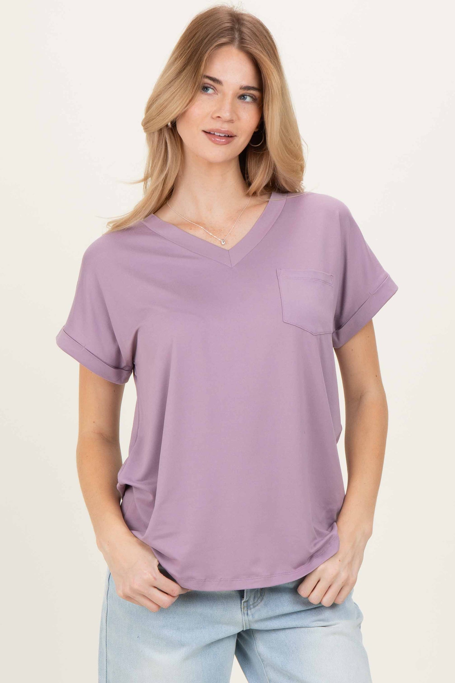 Lavender V-Neck Pocket Short Sleeve Maternity Shirt