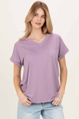 Lavender V-Neck Pocket Short Sleeve Maternity Shirt