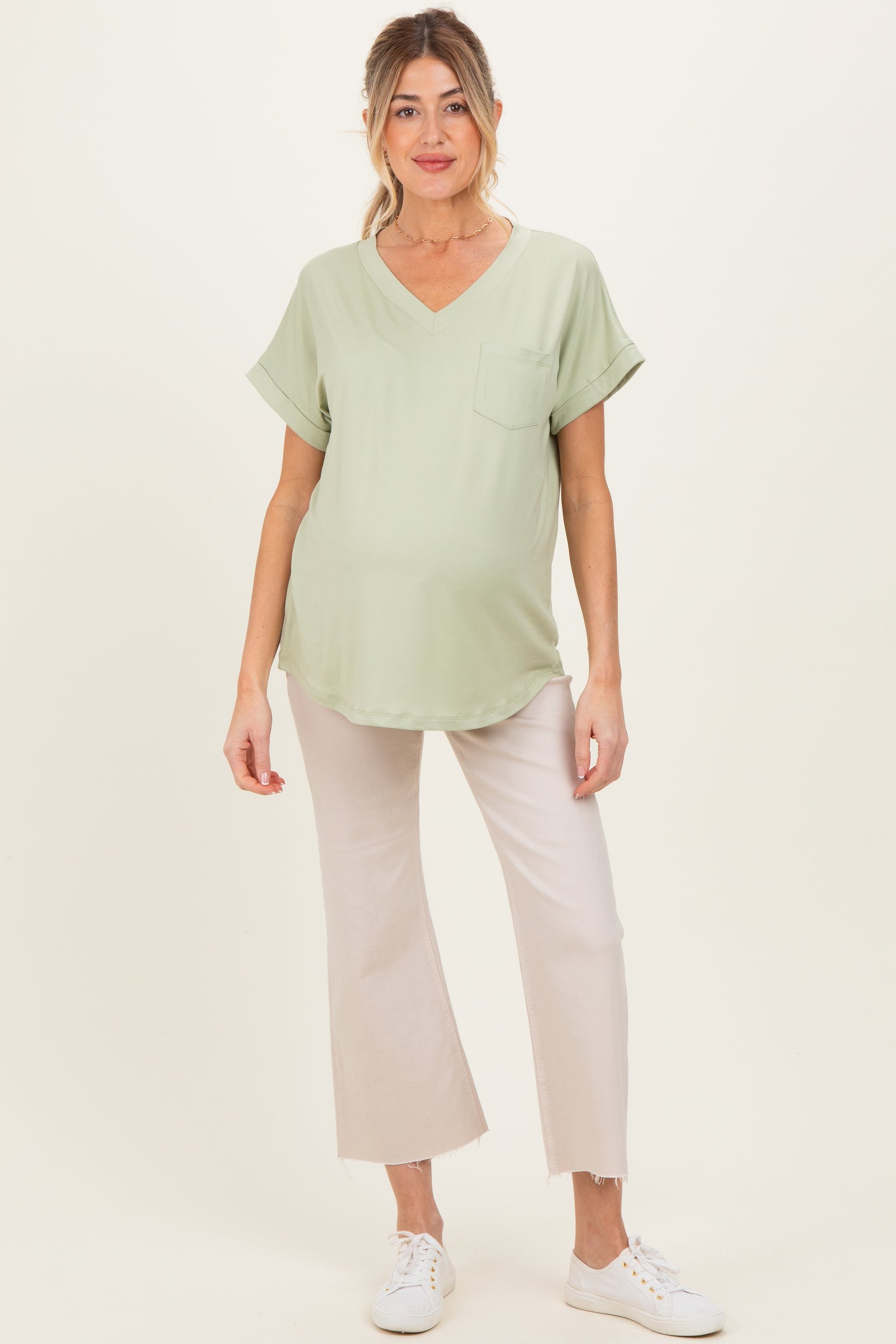 Mint V-Neck Pocket Short Sleeve Maternity Shirt