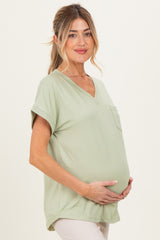 Mint V-Neck Pocket Short Sleeve Maternity Shirt