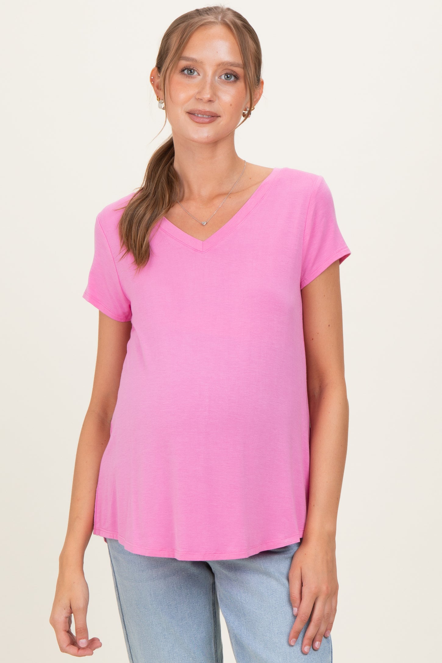 Pink Basic V-Neck Short Sleeve Maternity Top
