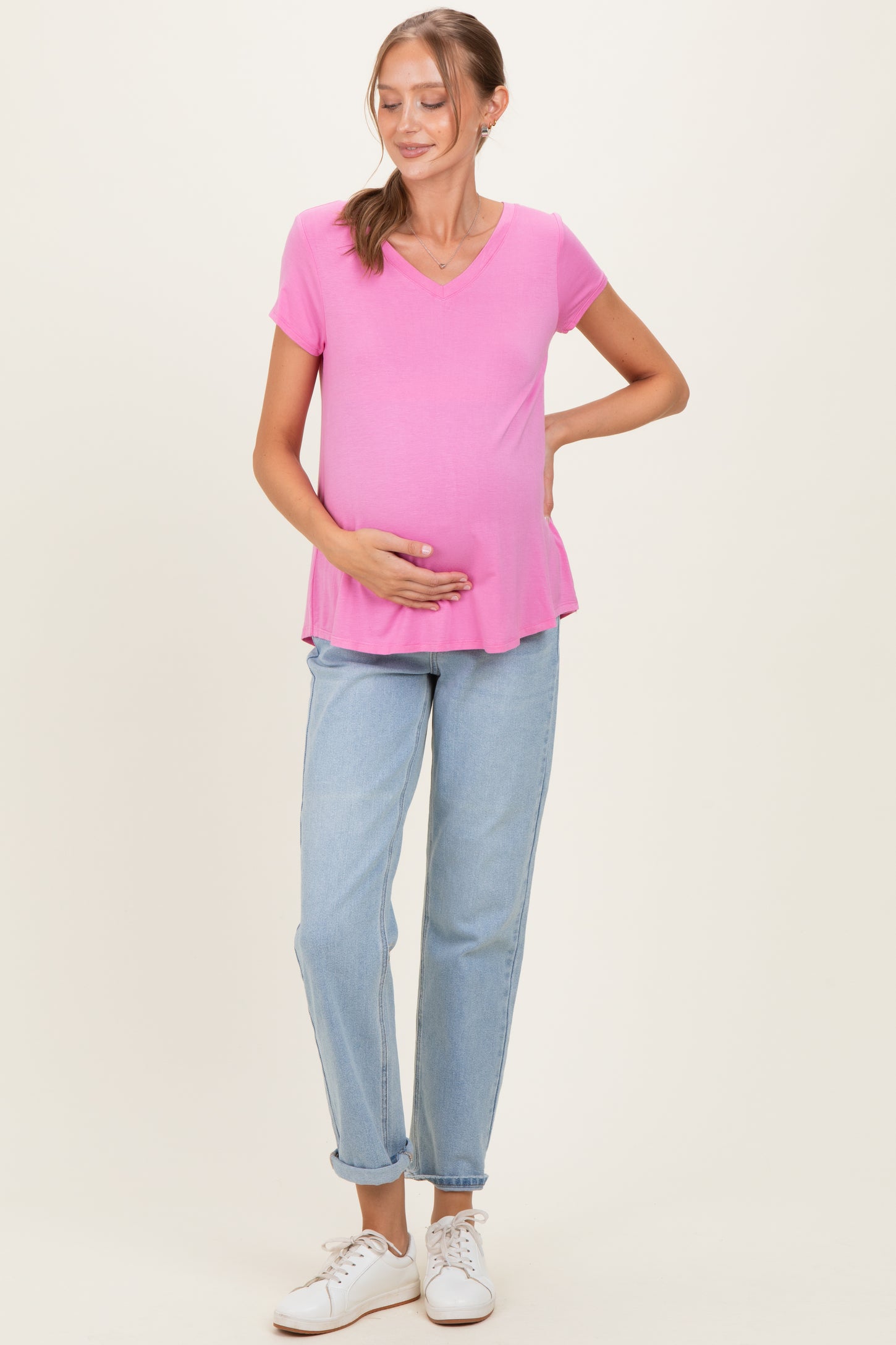 Pink Basic V-Neck Short Sleeve Maternity Top