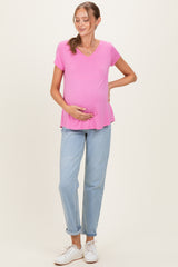 Pink Basic V-Neck Short Sleeve Maternity Top