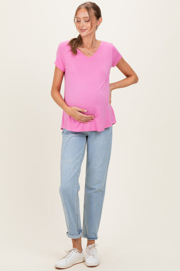 Pink Basic V-Neck Short Sleeve Maternity Top