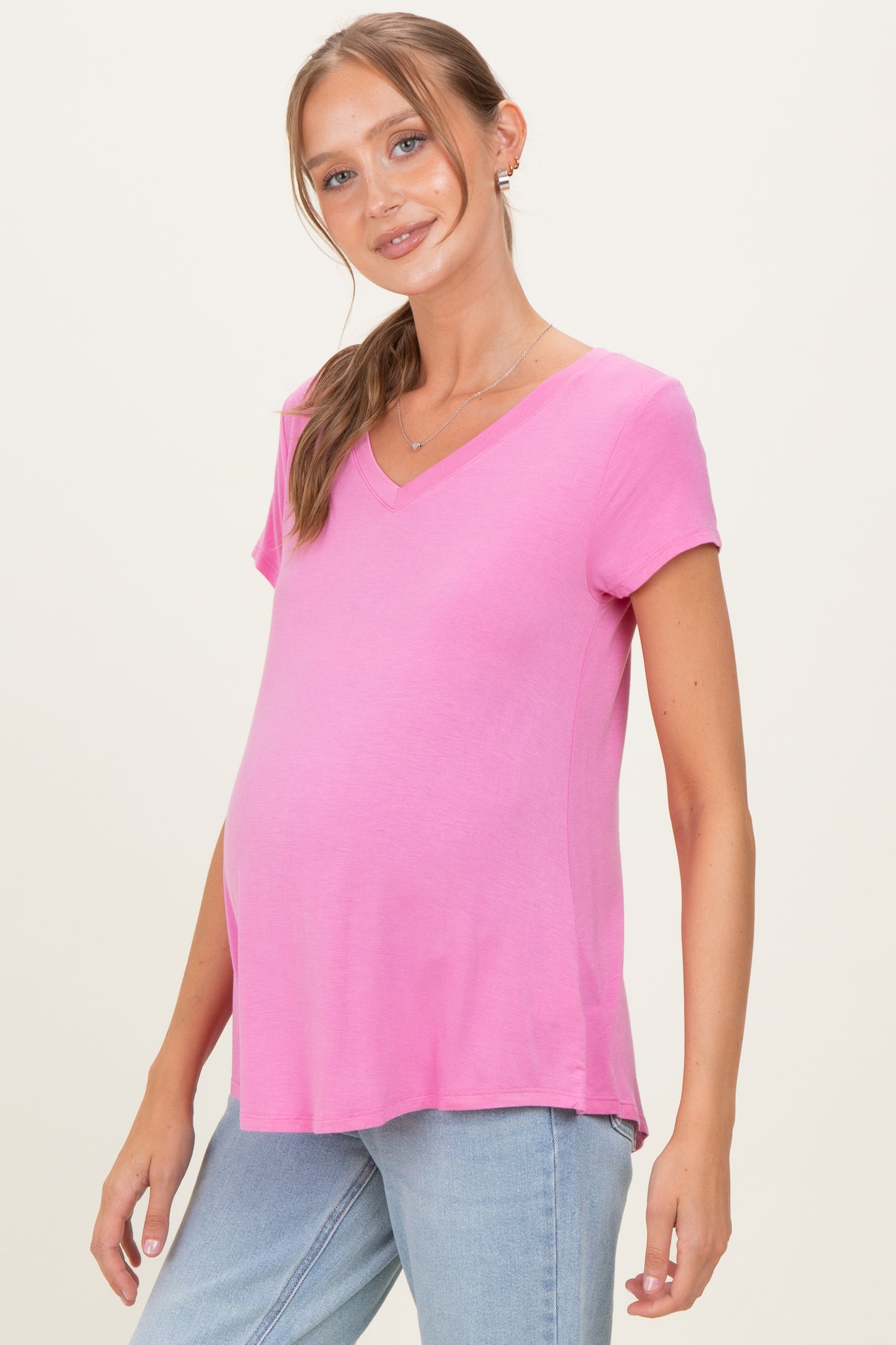 Pink Basic V-Neck Short Sleeve Maternity Top