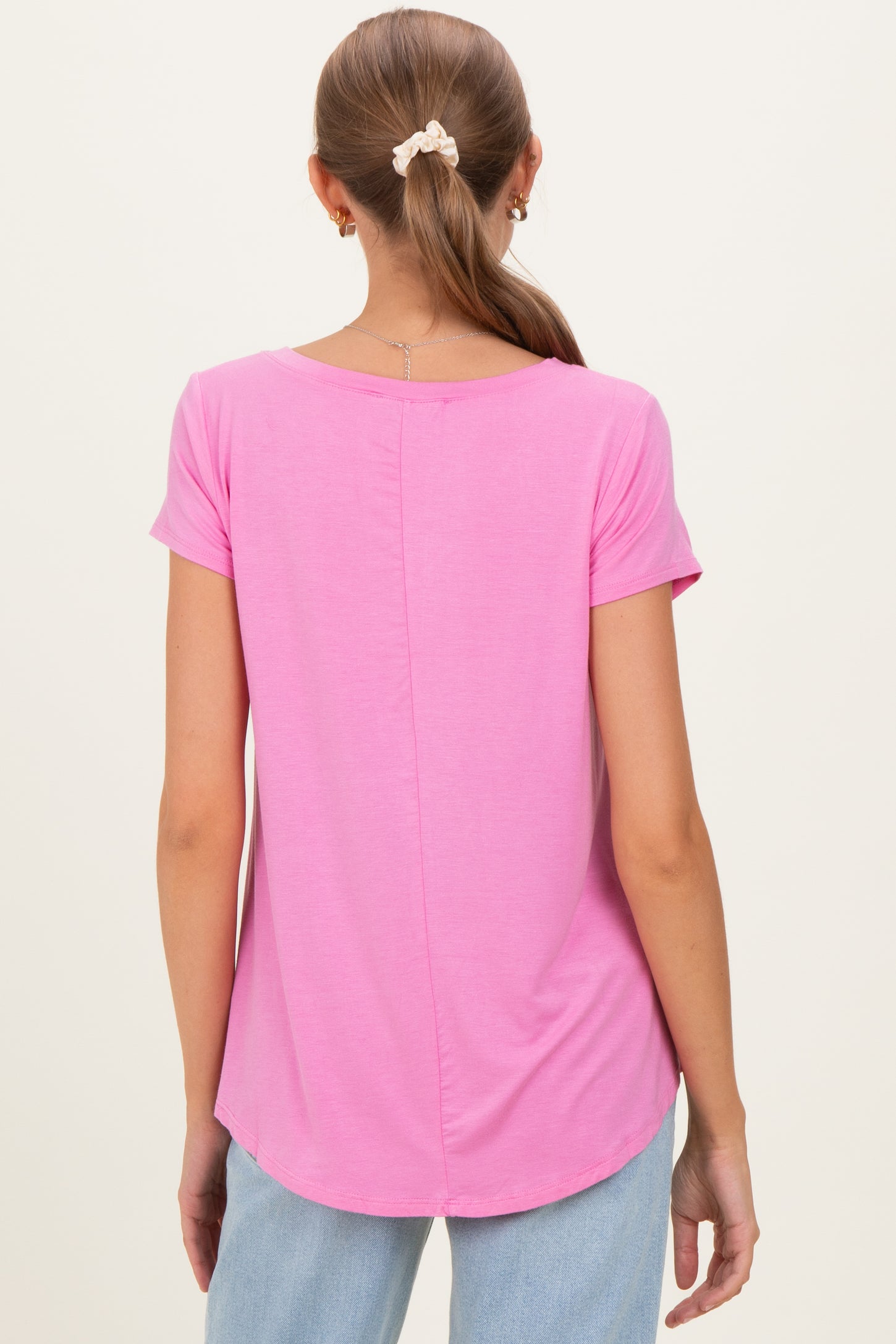 Pink Basic V-Neck Short Sleeve Maternity Top