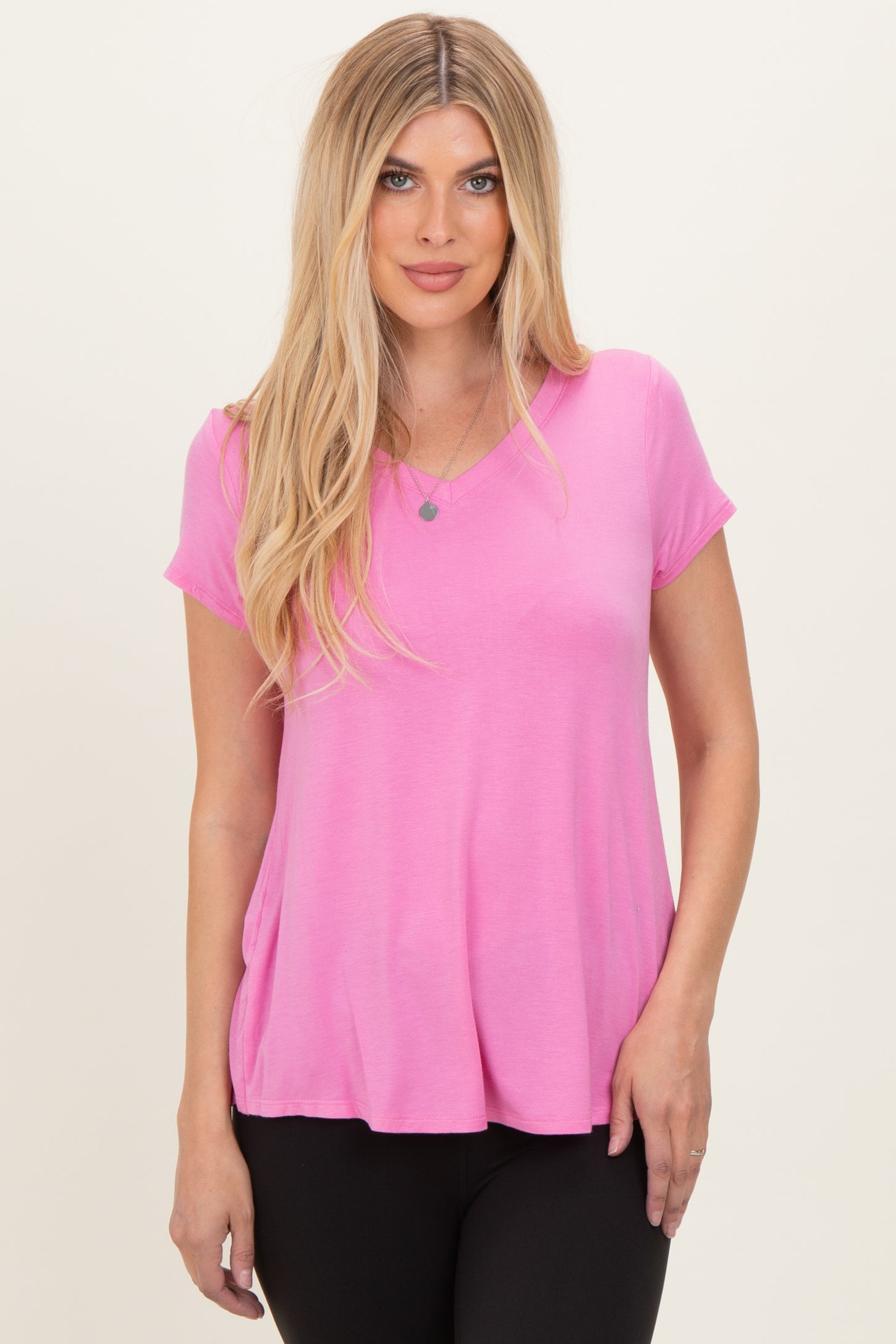 Pink Basic V-Neck Short Sleeve Top