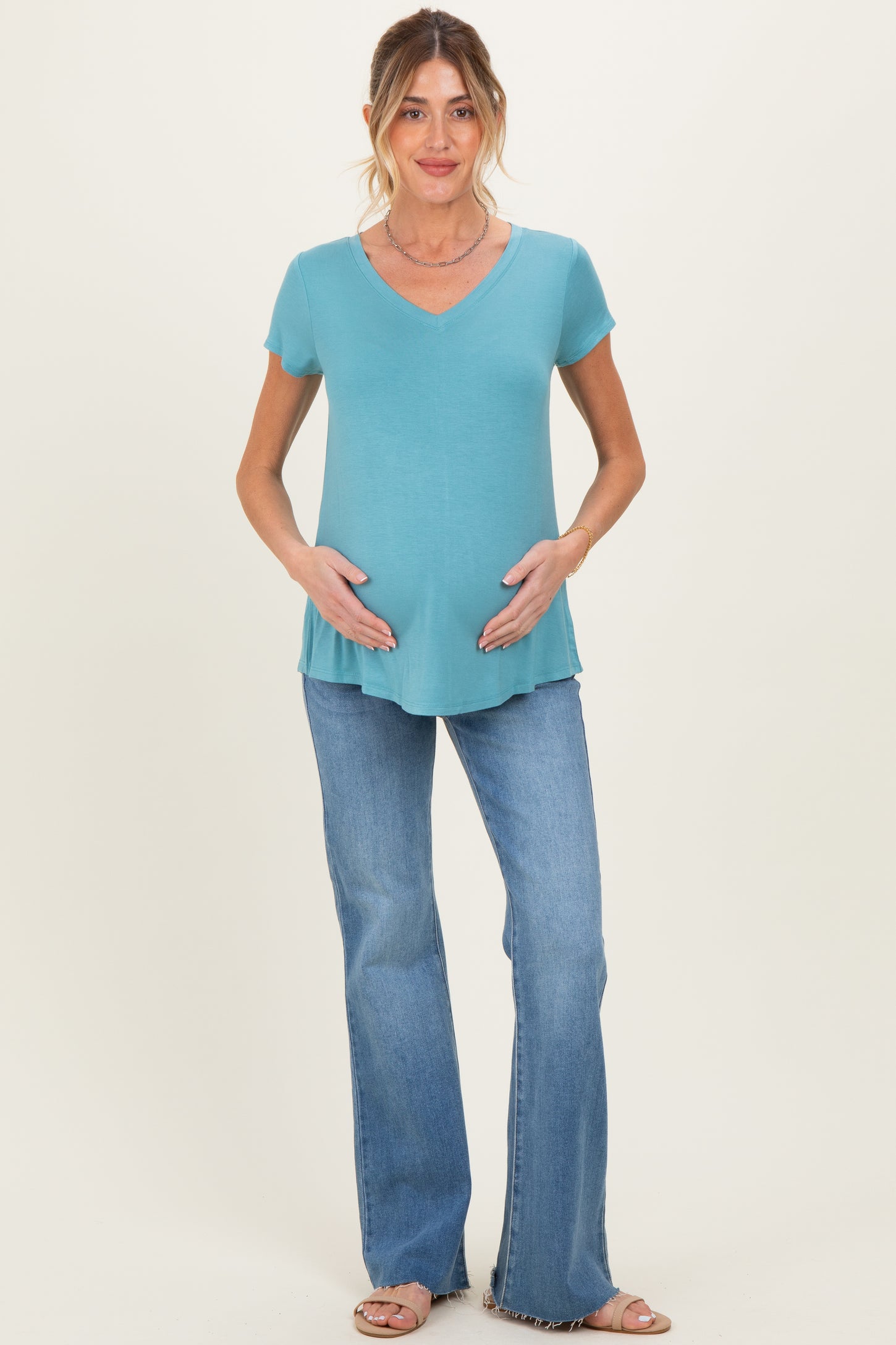Dusty Teal Basic V-Neck Short Sleeve Maternity Top