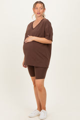 Brown Oversized V-Neck Biker Short Maternity Set