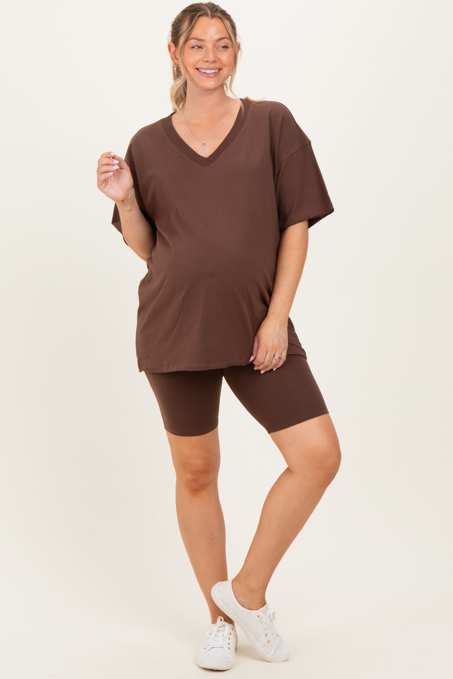 Brown Oversized V-Neck Biker Short Maternity Set