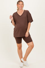 Brown Oversized V-Neck Biker Short Maternity Set