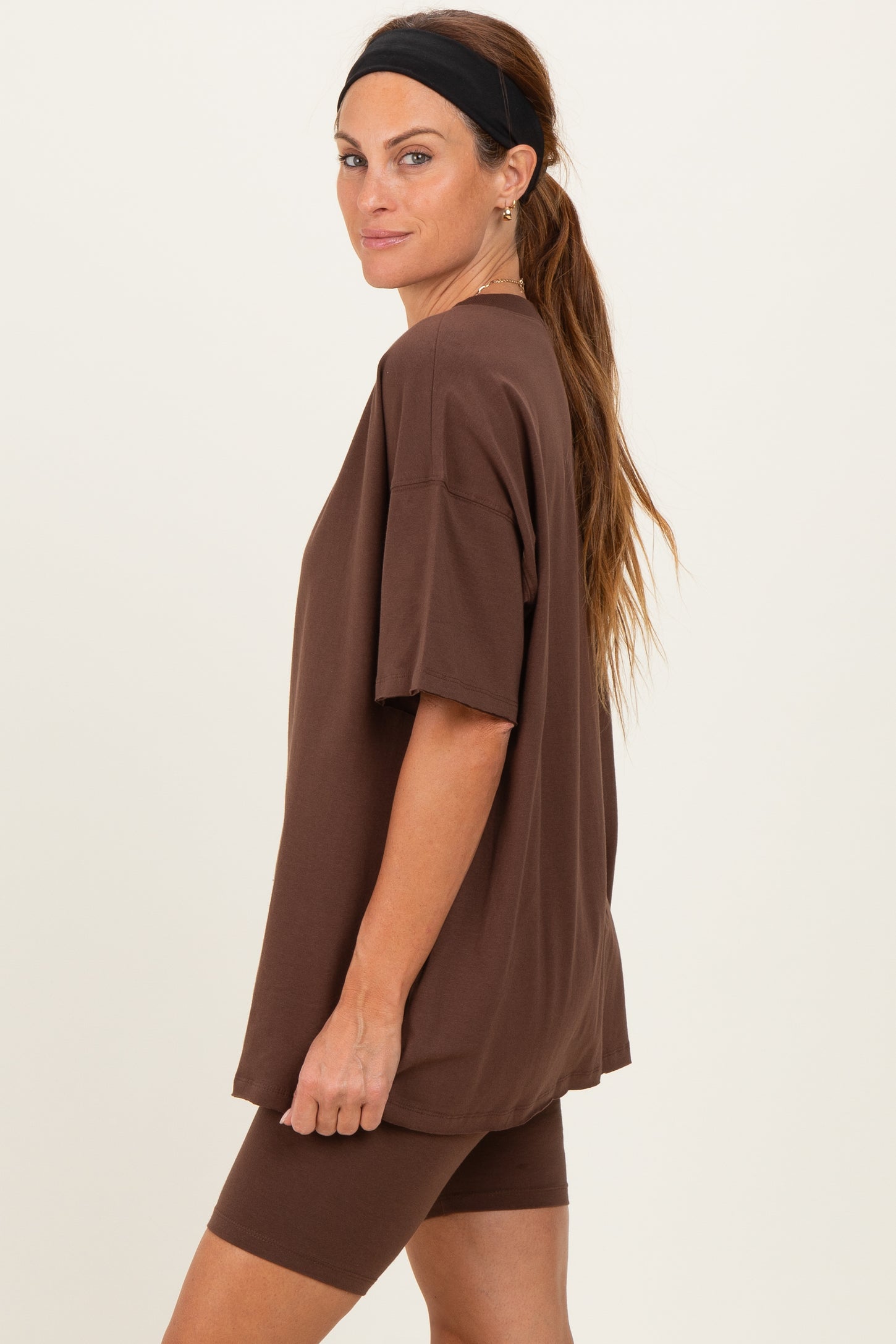 Brown Oversized V-Neck Biker Short Set