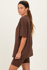 Brown Oversized V-Neck Biker Short Set