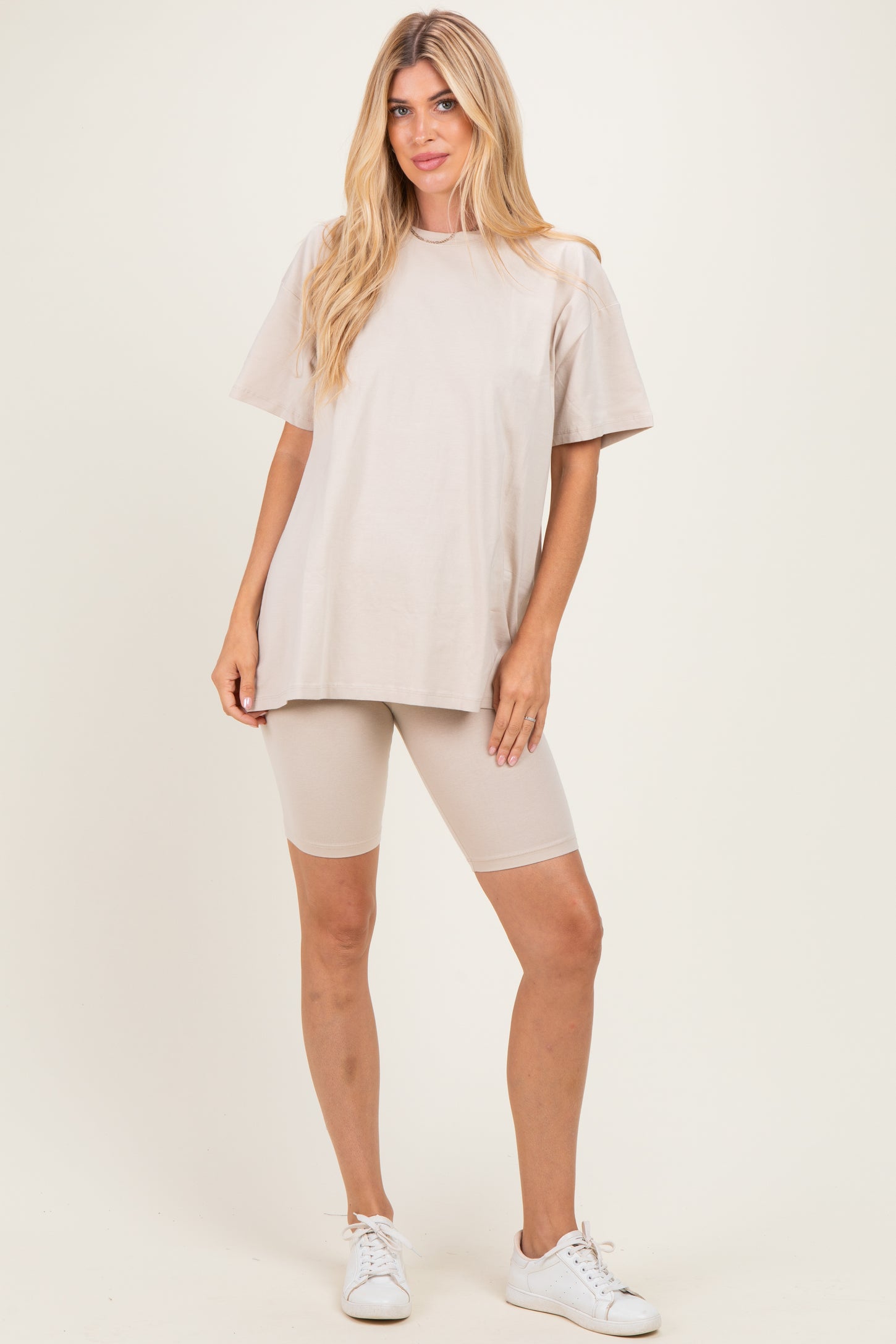 Sand Beige Biker Shorts Maternity Set