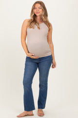 Beige Ribbed High Neck Maternity Tank Top