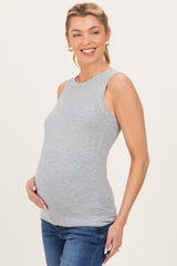 Heather Grey Ribbed High Neck Maternity Tank Top
