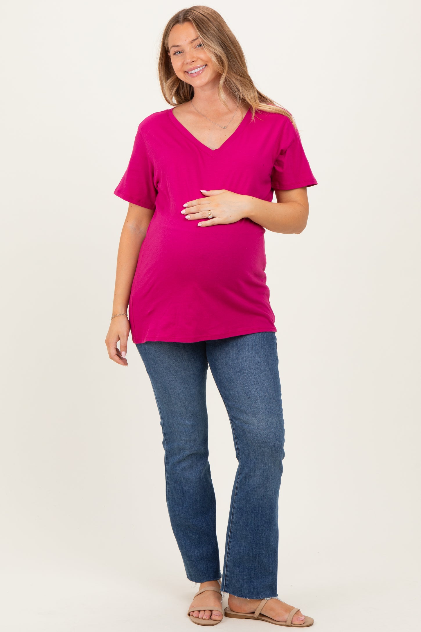 Magenta Oversized V-Neck Short Sleeve Maternity Tee