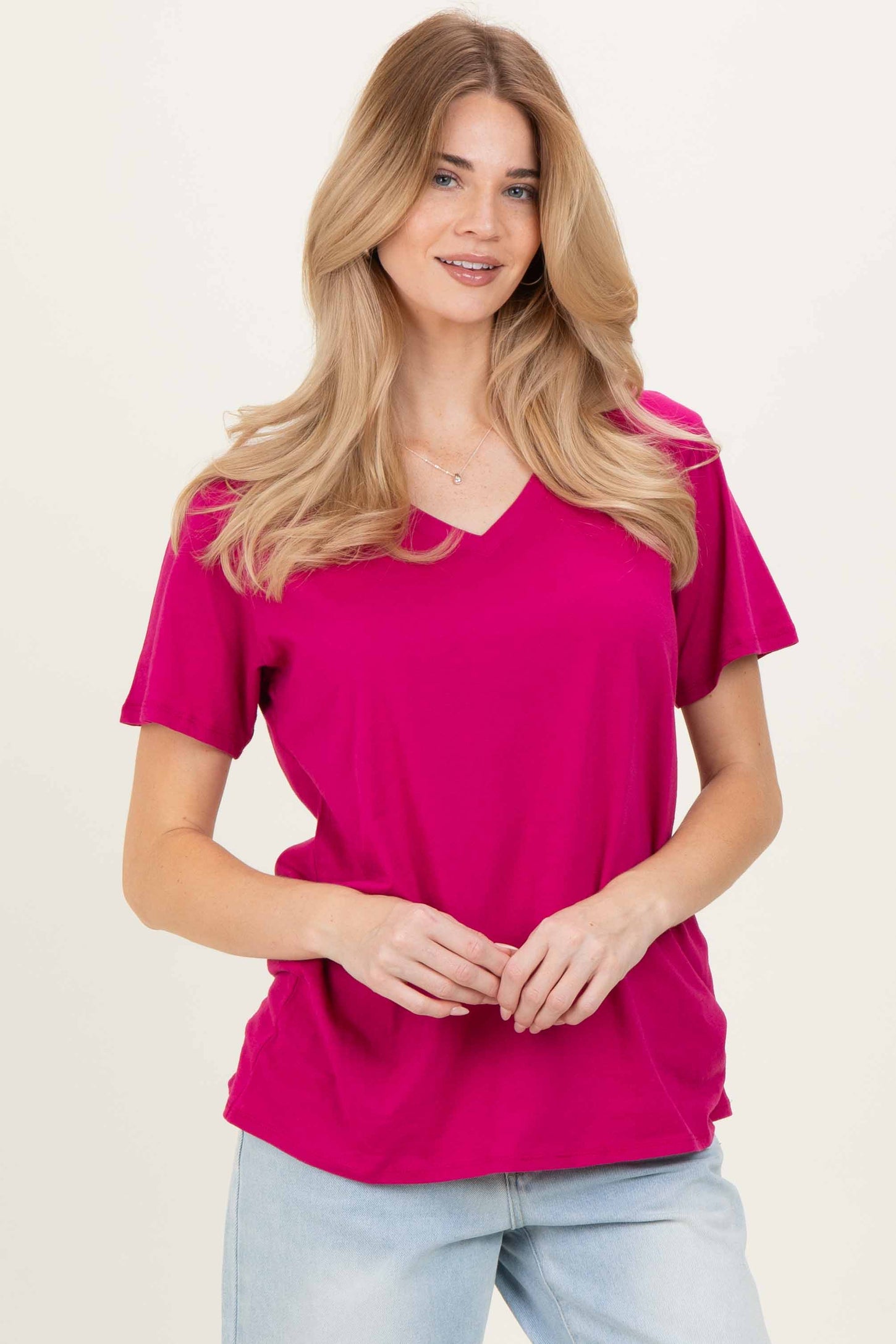 Magenta Oversized V-Neck Short Sleeve Maternity Tee