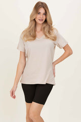 Sand Beige Oversized V-Neck Short Sleeve Tee