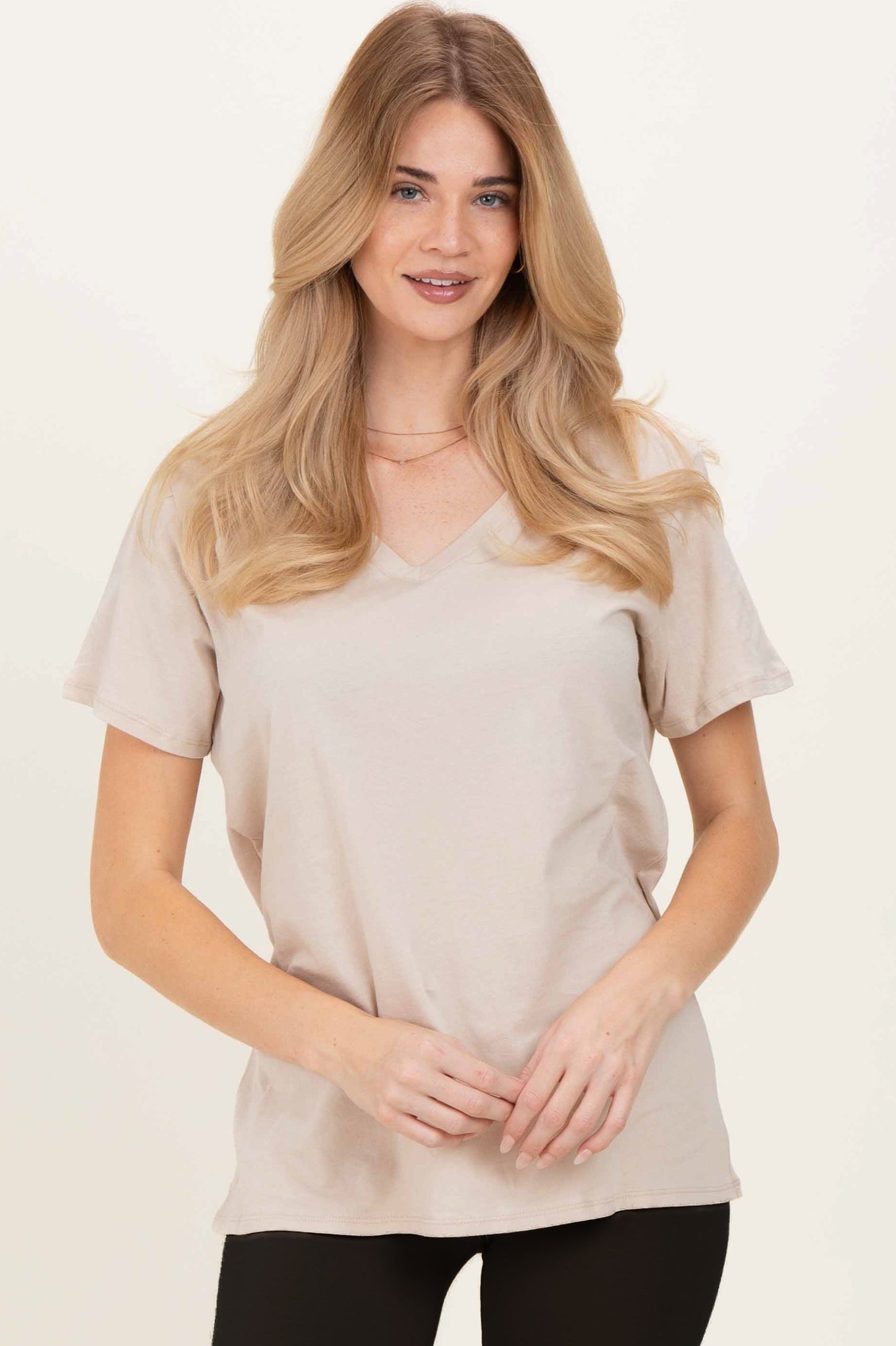 Sand Beige Oversized V-Neck Short Sleeve Tee