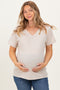 Sand Beige Oversized V-Neck Short Sleeve Maternity Tee