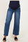 woman wearing dark blue maternity jeans with a wide leg and a navy supportive belly panel