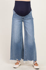 maternity wear featuring wide-leg distressed light blue jeans with a navy high-waisted panel for support
