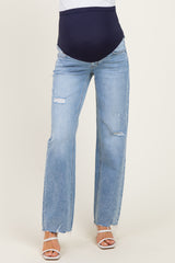 Light Blue Distressed Fringe Hem Wide Leg Maternity Jeans
