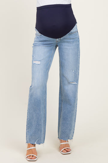 Light Blue Distressed Fringe Hem Wide Leg Maternity Jeans