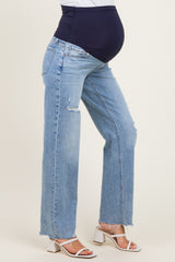 Light Blue Distressed Fringe Hem Wide Leg Maternity Jeans