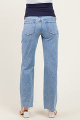 Light Blue Distressed Fringe Hem Wide Leg Maternity Jeans