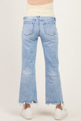 maternity wear light blue distressed wide leg jeans with frayed hem, model seen from the back