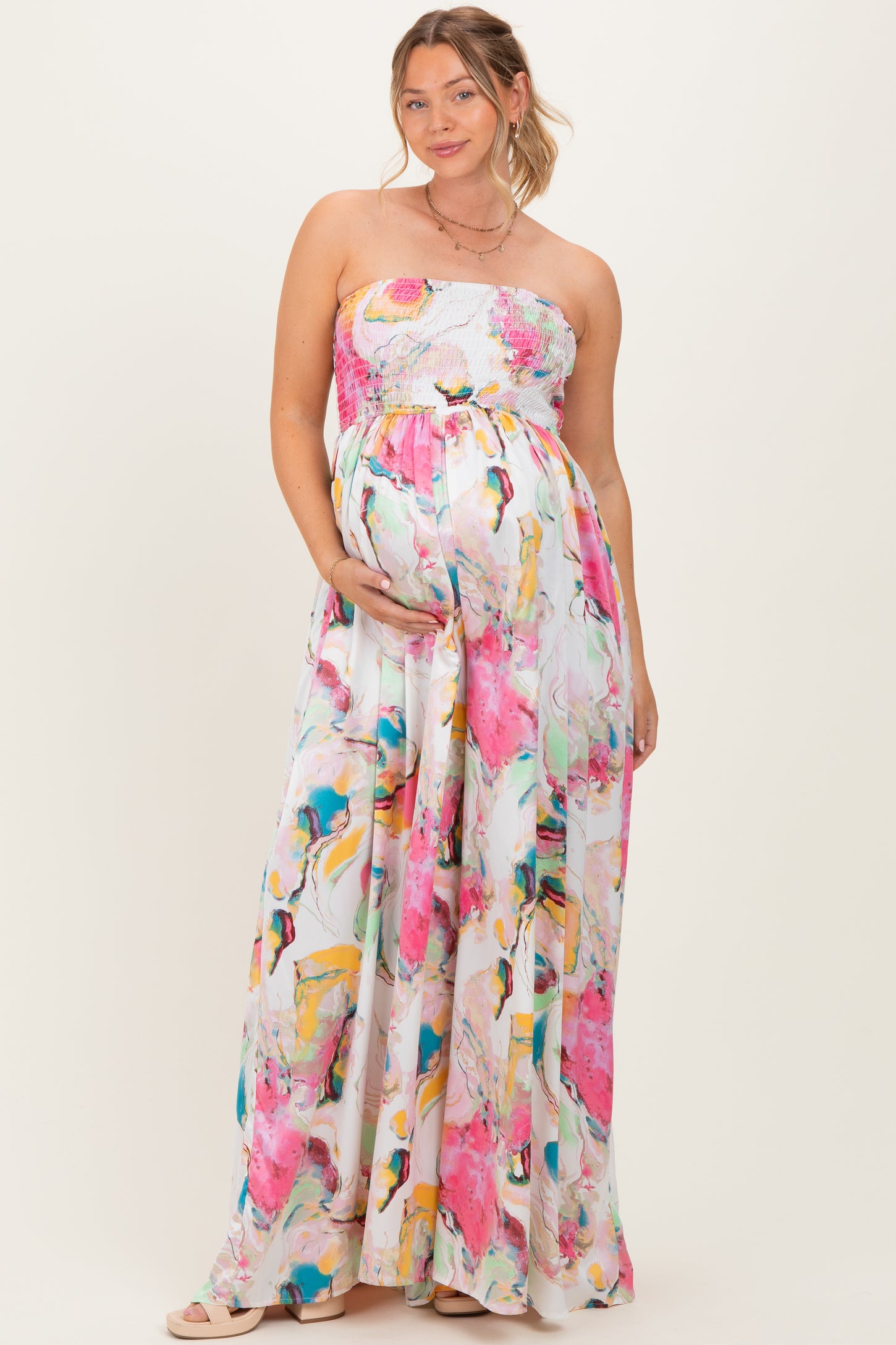 Multi Butter Satin Marble Print Smocked Tube Wide Leg Maternity Jumpsuit