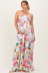 Multi Butter Satin Marble Print Smocked Tube Wide Leg Maternity Jumpsuit