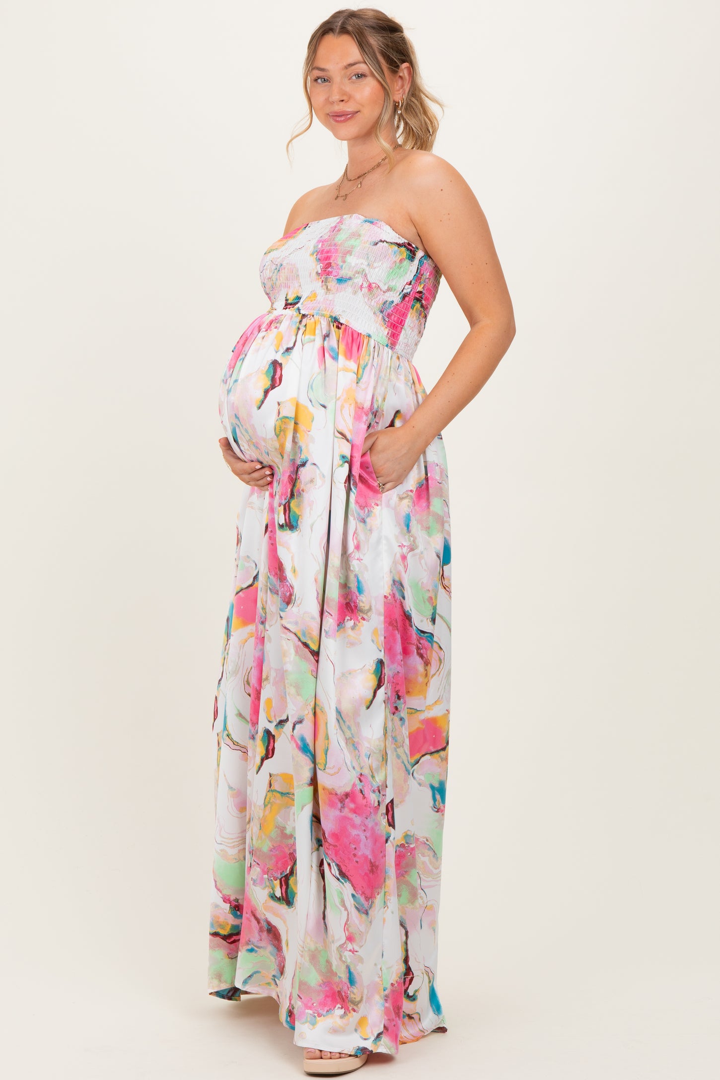 Multi Butter Satin Marble Print Smocked Tube Wide Leg Maternity Jumpsuit