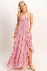 Pink Halter Neck Smocked Maternity Maxi Dress