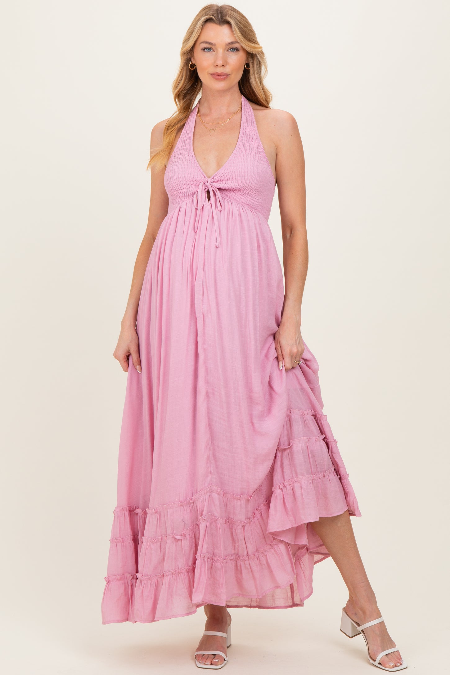 Pink Halter Neck Smocked Maternity Maxi Dress