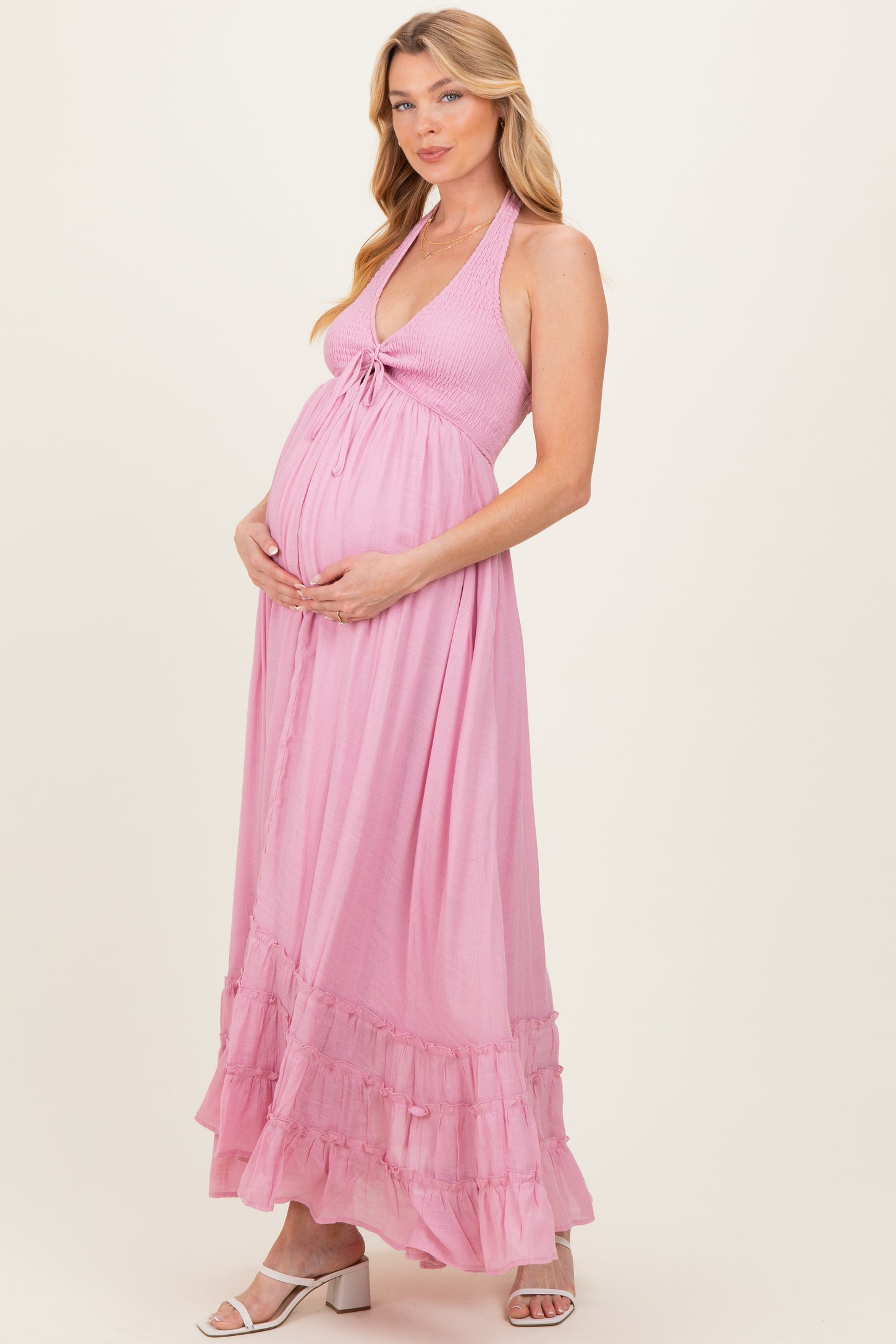 Pink Halter Neck Smocked Maternity Maxi Dress