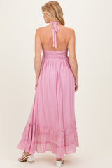 Pink Halter Neck Smocked Maternity Maxi Dress