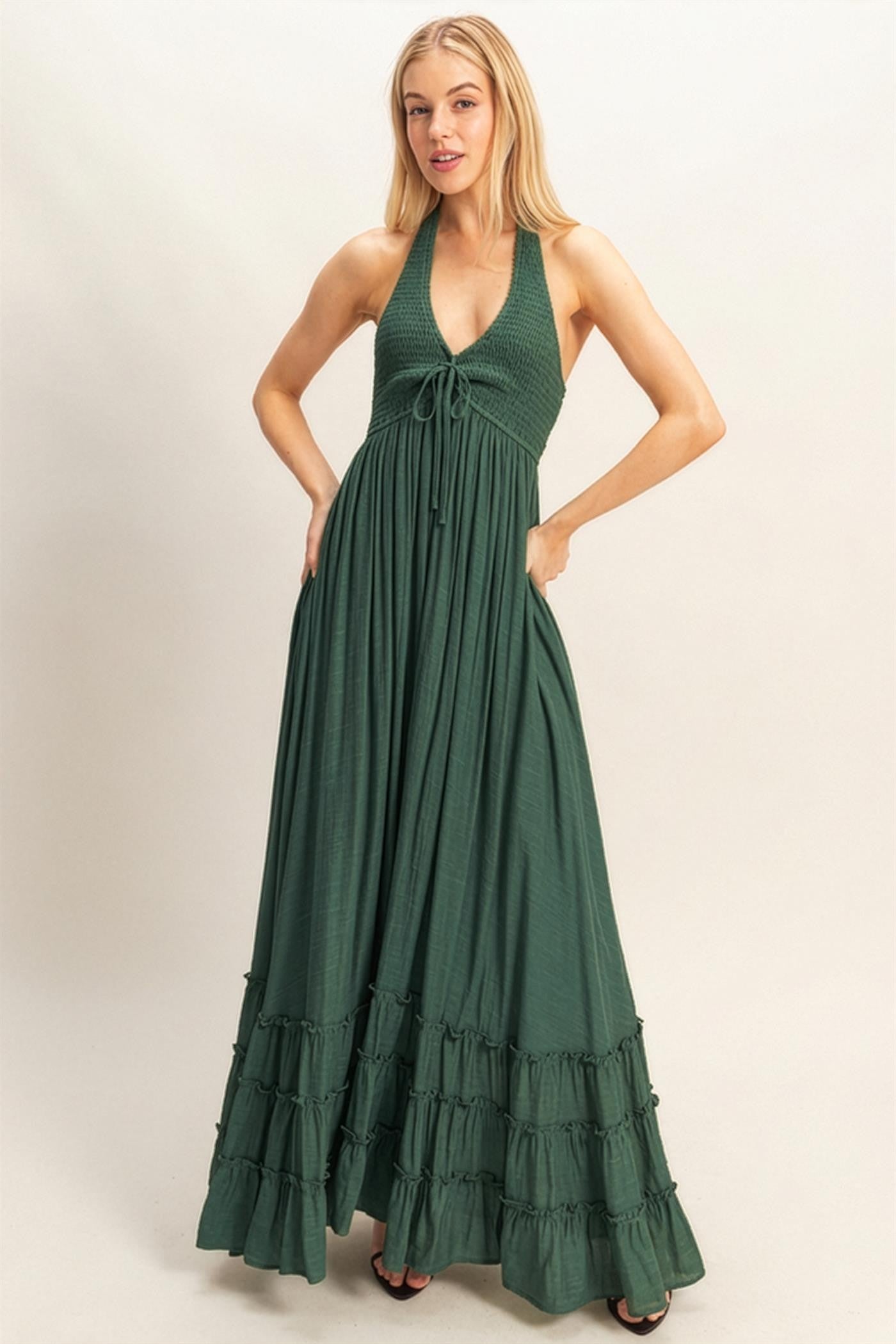 hunter green summer dress Smocked Maxi - zipper back dress Primavera Couture 4408 CLOUD Do Not Bleach Size:XS - US 6