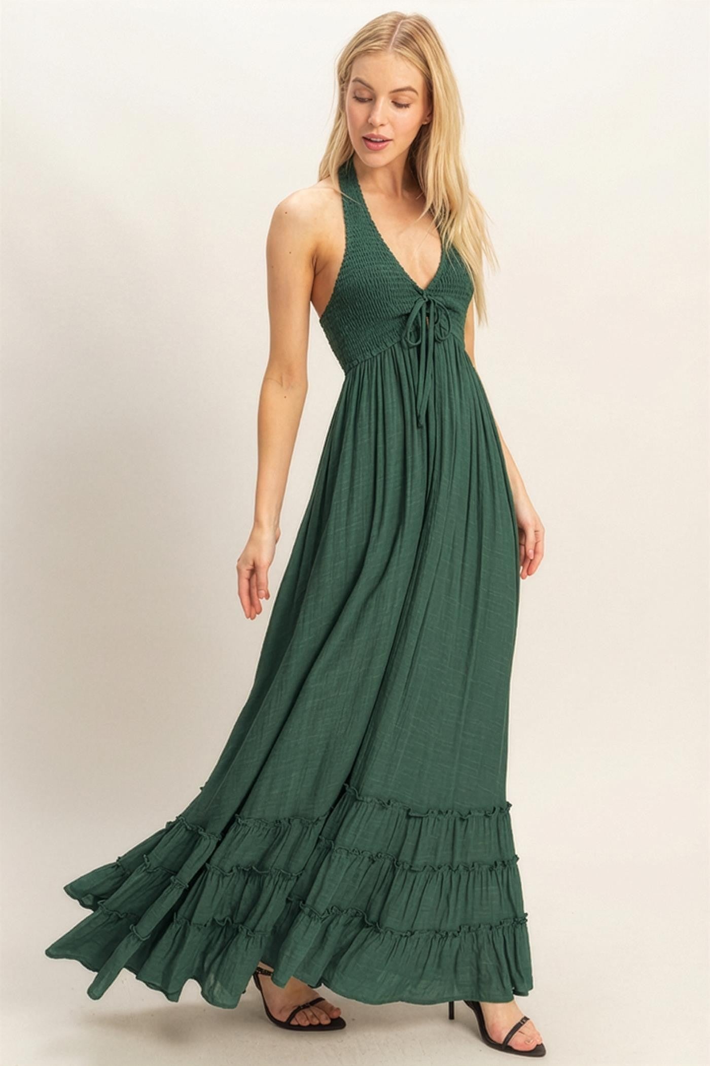 hunter green maxi dress Hunter Green Halter Neck Smocked Maxi Dress