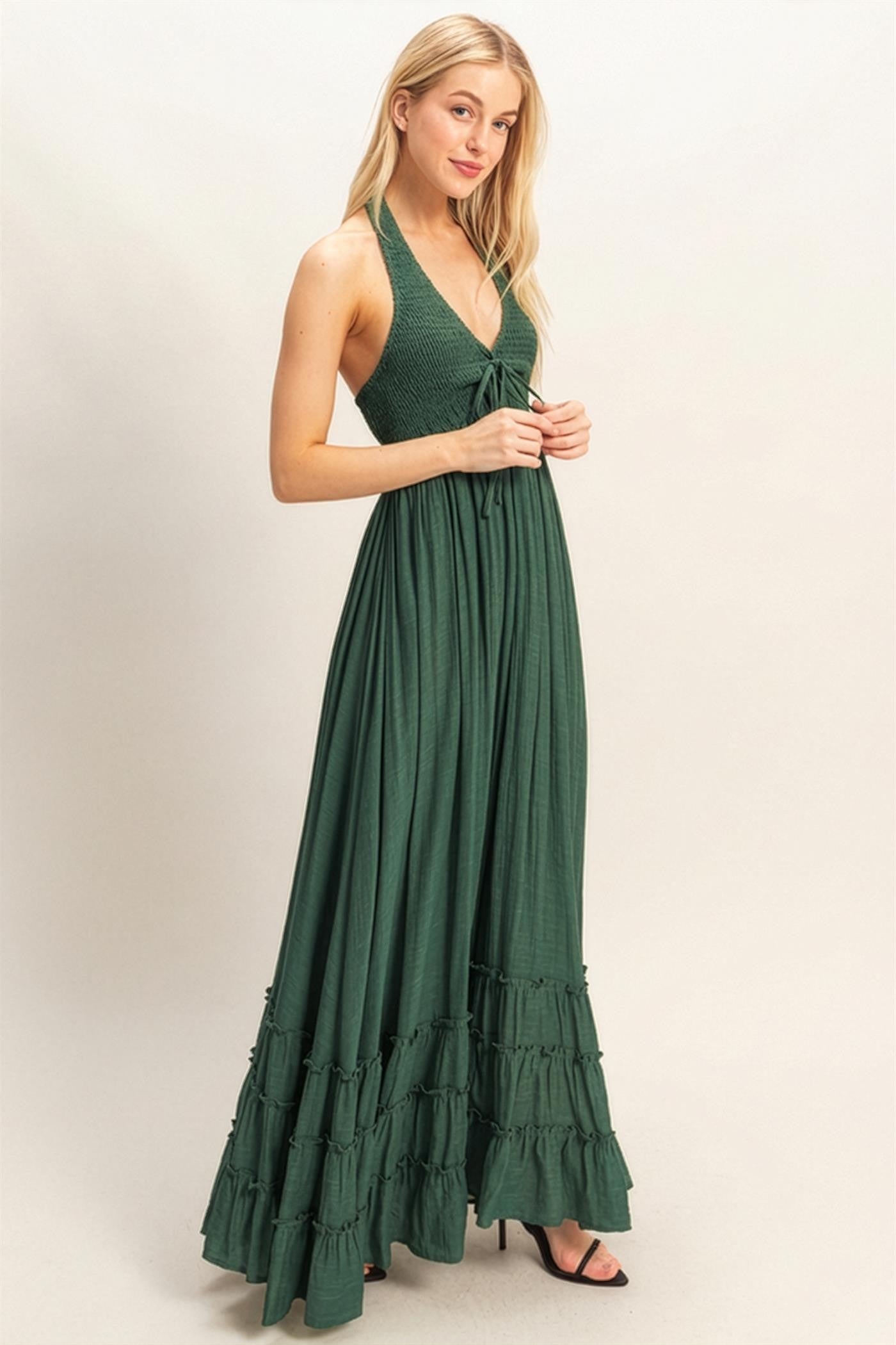 hunter green halter dress Hunter Green Halter Neck Smocked Maxi Dress