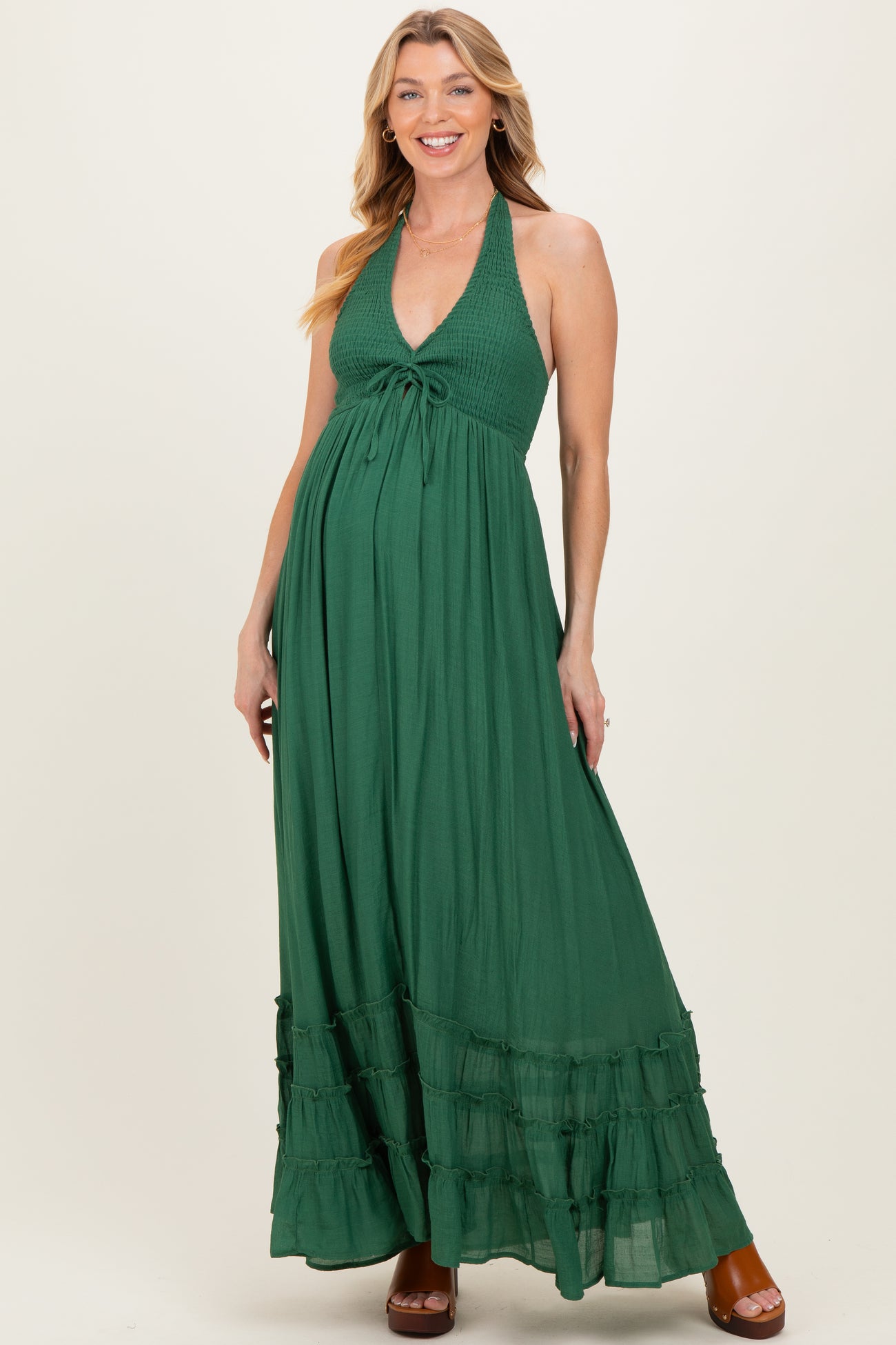 Hunter Green Halter Neck Smocked Maternity Maxi Dress Hunter Green Halter Neck Smocked Maternity Maxi Dress