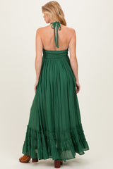 Hunter Green Halter Neck Smocked Maternity Maxi Dress
