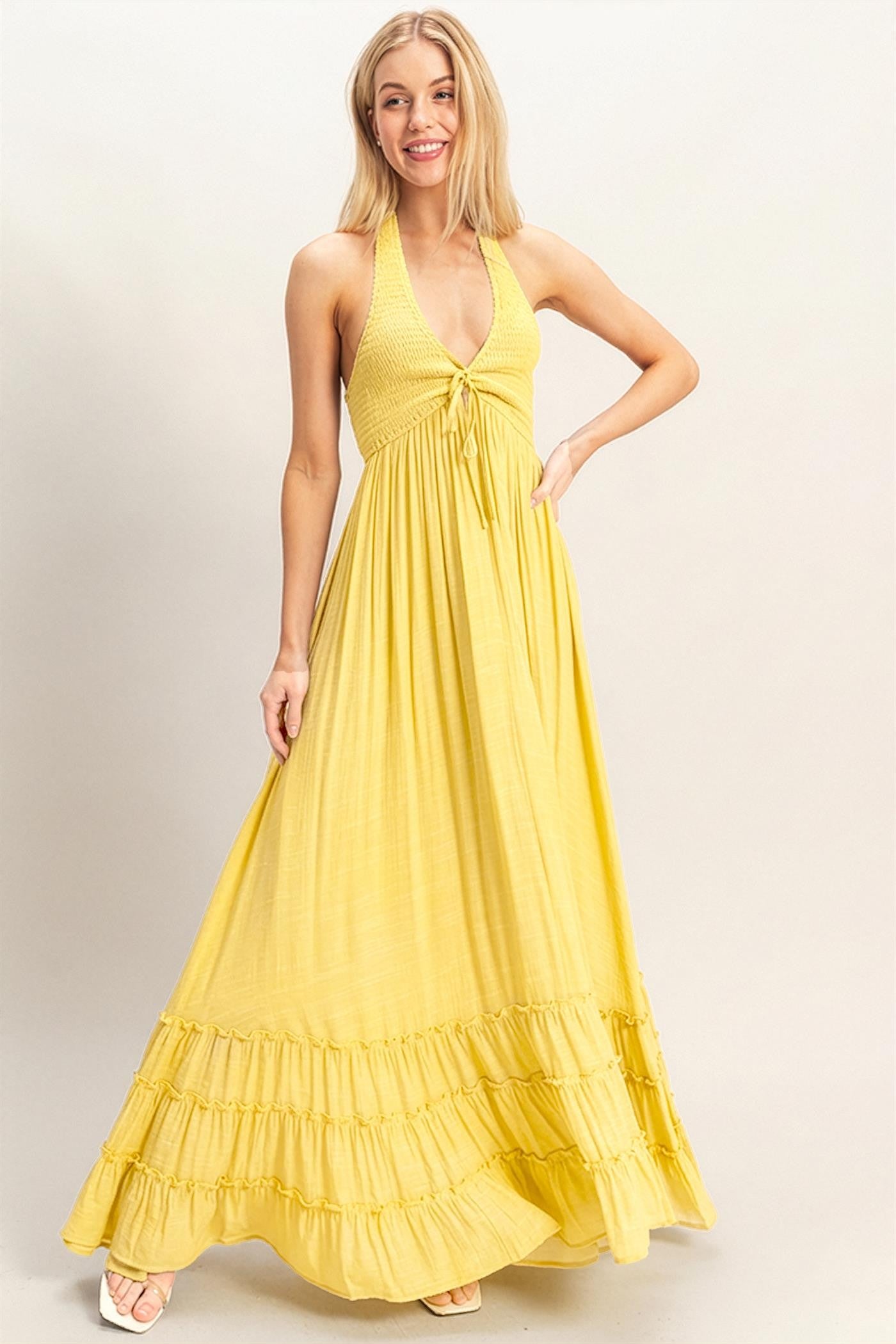 Yellow Halter Neck Smocked Maxi Dress Yellow Halter Neck Smocked Maxi Dress
