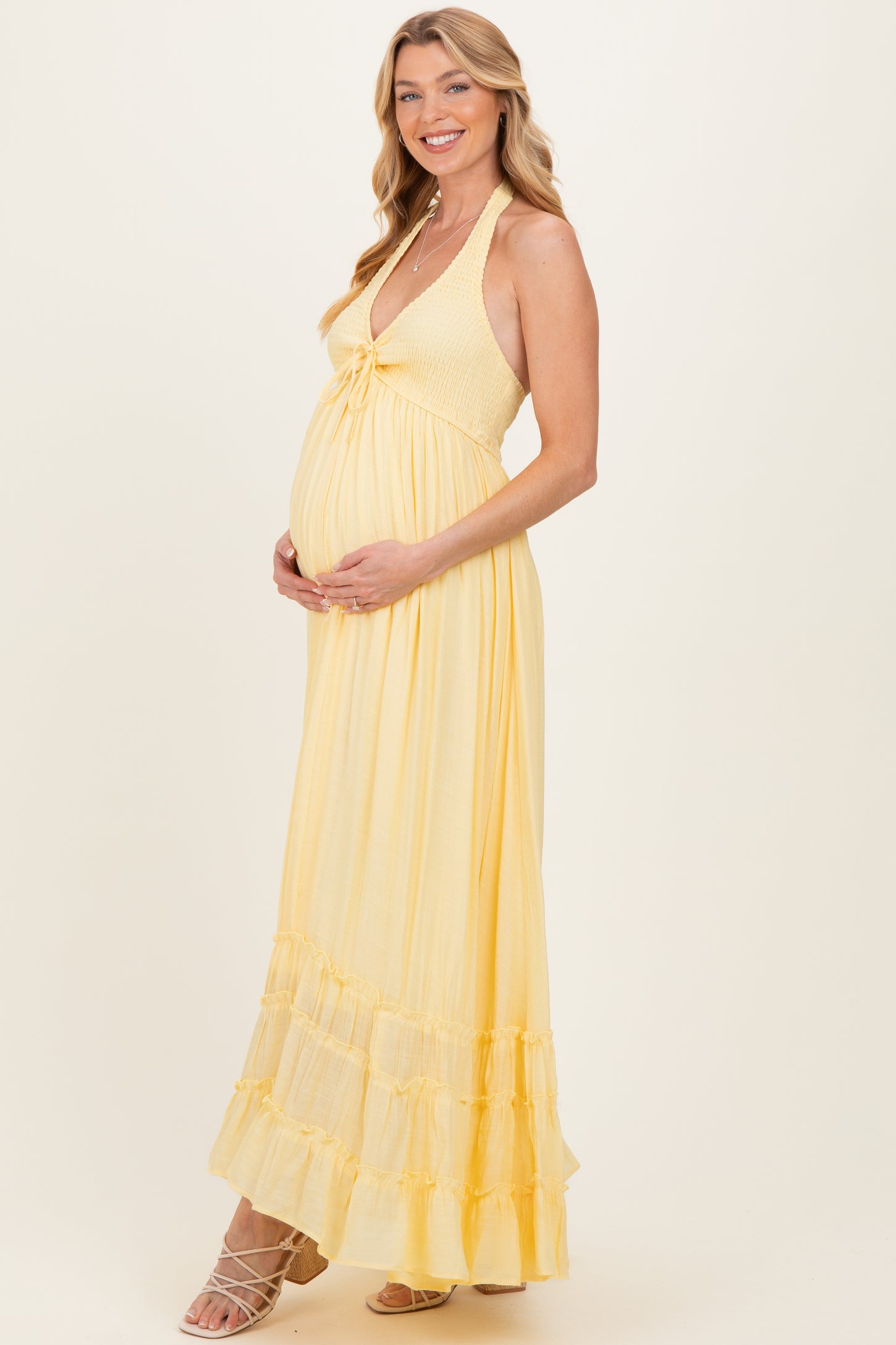 Yellow Halter Neck Smocked Maternity Maxi Dress – PinkBlush