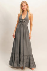 Gray Halter Neck Smocked Maternity Maxi Dress