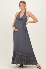 Gray Halter Neck Smocked Maternity Maxi Dress