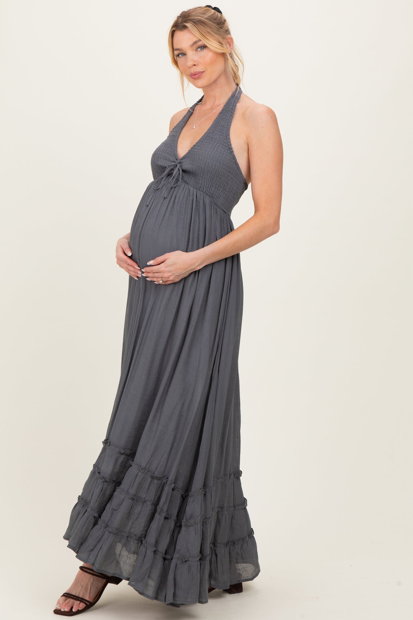 Gray Halter Neck Smocked Maternity Maxi Dress