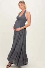 Gray Halter Neck Smocked Maternity Maxi Dress